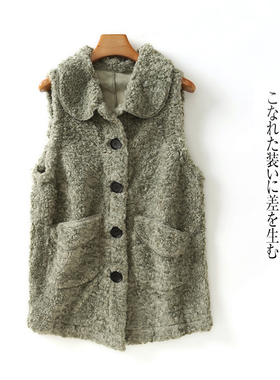 羊剪绒马甲 秋冬新外贸女装修身翻领单排扣口袋纯色保暖马甲27270