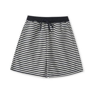 简约松紧高腰双口袋阔腿三分裤 条纹棉休闲短裤 女装 新款 33863 夏季