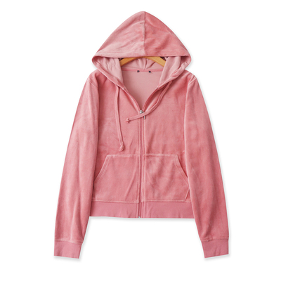 丝绒开衫外套 春秋新款外贸女装连帽领拉链长袖纯色大码卫衣32987