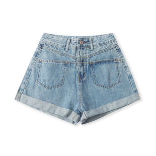 时尚 水洗棉牛仔短裤 女装 新款 百搭休闲高腰拉链纽扣阔腿33313 夏季
