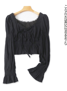 花边短款小衫 春秋新款女装时尚法式领系带套头长袖高腰小衫28667