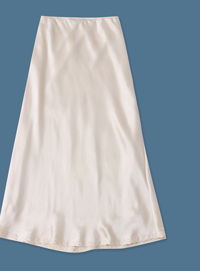 缎面仿真丝半身裙 夏秋新款外贸女装时尚松紧腰刺绣花边长裙32000