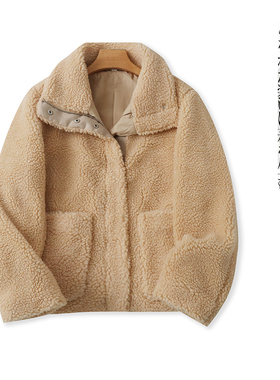 羊羔绒外套 冬新外贸女装休闲翻领单排暗扣长袖口袋保暖上衣27233