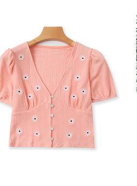 刺绣短款小衫  夏季新款外贸女装V领单排扣泡泡短袖露脐小衫31711