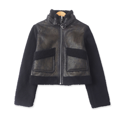麂皮绒羊羔毛一体拼接外套  冬季新款外贸女装立领拉链长袖33109