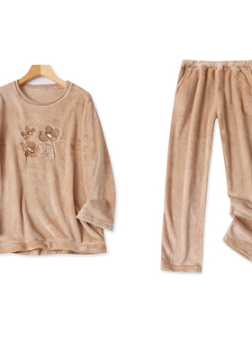 毛绒家居服套装  冬季新外贸女装刺绣圆领套头长袖上衣+长裤29935