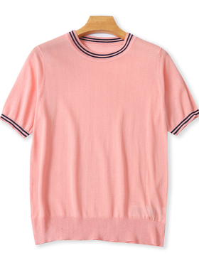 针织薄款T恤  夏新款外贸女装时尚减龄拼色圆领套头短袖显瘦32575