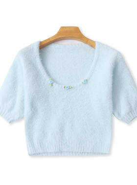 仿水貂绒短袖毛衣  秋季新款外贸女装时尚修身圆领套头短款32512