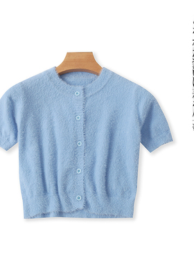 仿水貂绒针织开衫  秋季新外贸女装时尚圆领单排扣短袖开衫26286