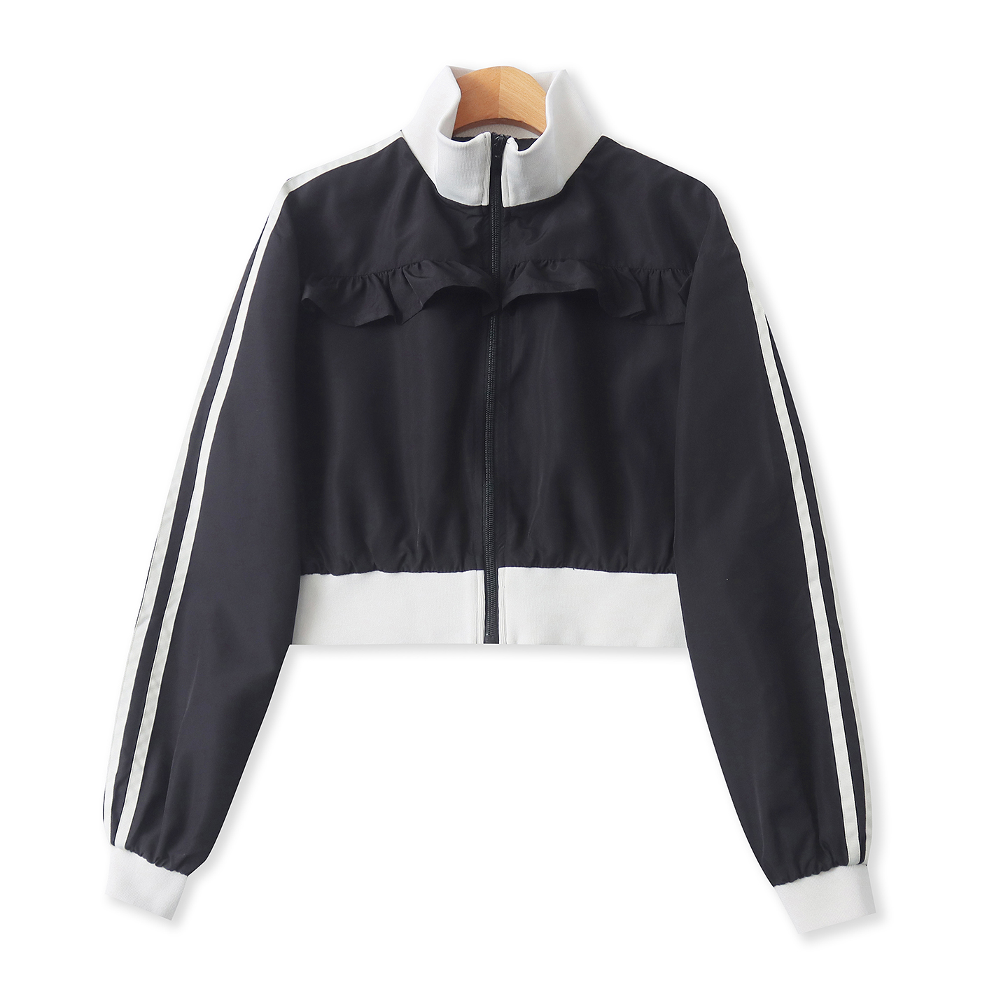 拼色木耳边夹克外套 春秋新款外贸女装立领拉链长袖薄款外套33153