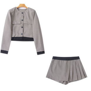 短裙裤 外套 秋季 新外贸女装 减龄显瘦31861 千鸟格套装 时尚 开衫