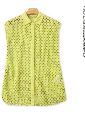 全棉刺绣镂空无袖衬衫 夏季新外贸女装翻领单排摁扣显瘦上衣31219