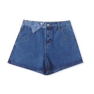 时尚 拼色牛仔短裤 外贸女装 新款 翻边高腰拉链纽扣直筒33333 夏季