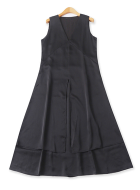 无袖连衣裙  春秋新款外贸女装时尚修身V领套头双层显瘦长裙32809