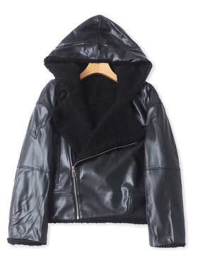 软皮加绒两面穿夹克  冬新款外贸女时尚连帽领拉链长袖外套33405