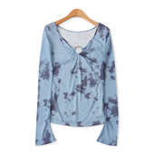 镂空V领套头长袖 晕染网纱面膜打底衫 时尚 女装 上衣33043 春秋新款