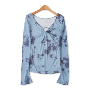 晕染网纱面膜打底衫 春秋新款女装时尚镂空V领套头长袖上衣33043