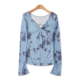 镂空V领套头长袖 晕染网纱面膜打底衫 时尚 女装 上衣33043 春秋新款
