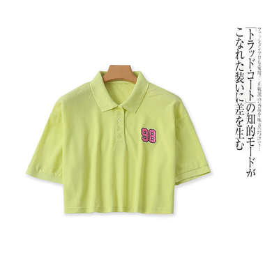 短款棉T恤 夏新外贸女青春时尚polo领五粒扣短袖刺绣数字T恤28233