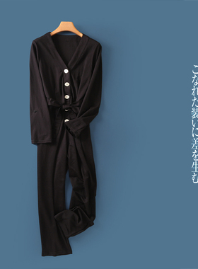 连衣裤  秋新款外贸女装V领纽扣长袖系带腰纯色弹力直筒长裤27023