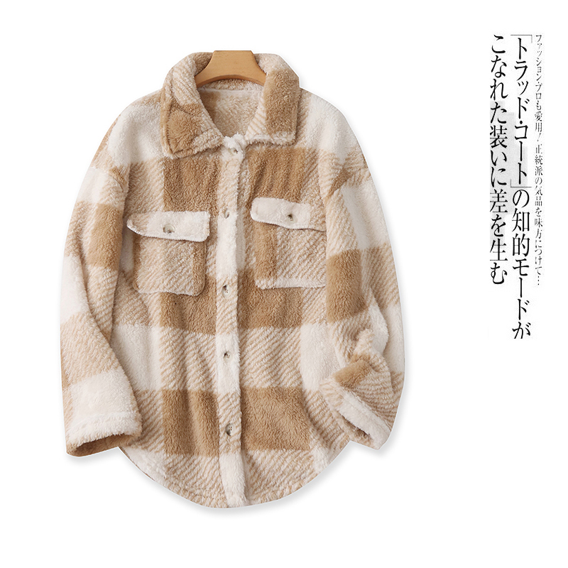 毛绒衬衫款外套  秋冬新款外贸女装翻领单排扣长袖撞色格子30230
