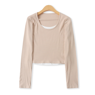 假两件人棉T恤  春秋新款外贸女装时尚圆领套头长袖拼色T恤33611