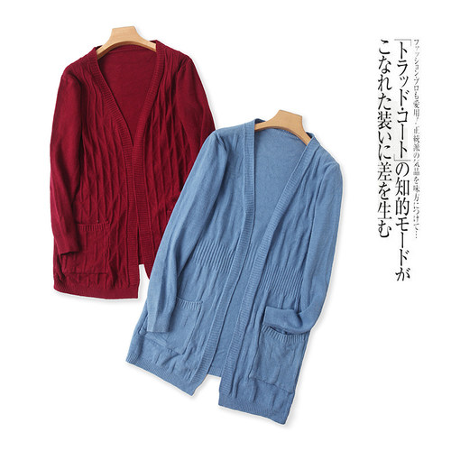 V领无扣长袖纯色弹力毛衣