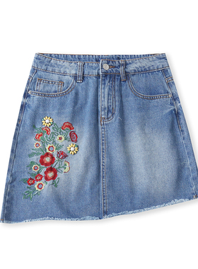 刺绣牛仔半身裙  夏秋新外贸女装自然腰拉链纽扣不规则短裙32516