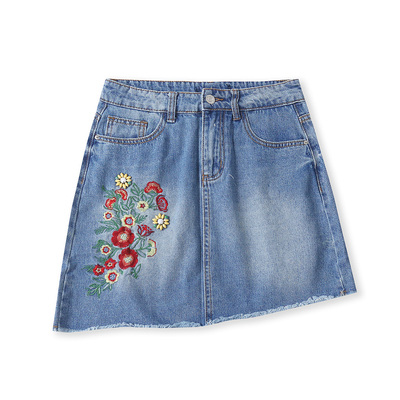刺绣牛仔半身裙  夏秋新外贸女装自然腰拉链纽扣不规则短裙32516