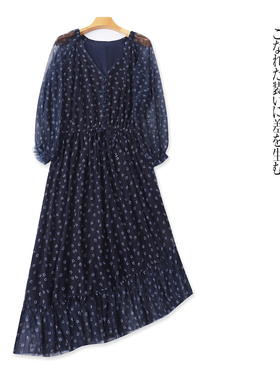 蕾丝印花连衣裙  夏季新款外贸女装V领纽扣套头长袖不规则裙31785