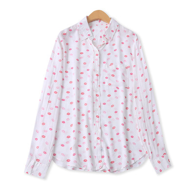 衬衫 春夏新款外贸女装时尚减龄翻领单排扣长袖印花显瘦衬衫33380