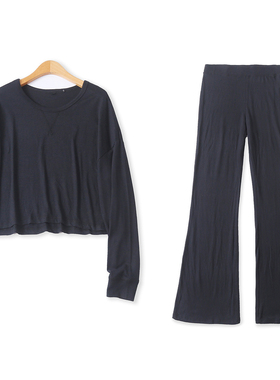 时尚针织套装  秋新款外贸女大码圆领长袖上衣+松紧腰微喇裤32741