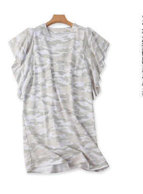 迷彩棉T恤裙  夏季新款外贸女装时尚圆领荷叶袖套头直筒中裙31722