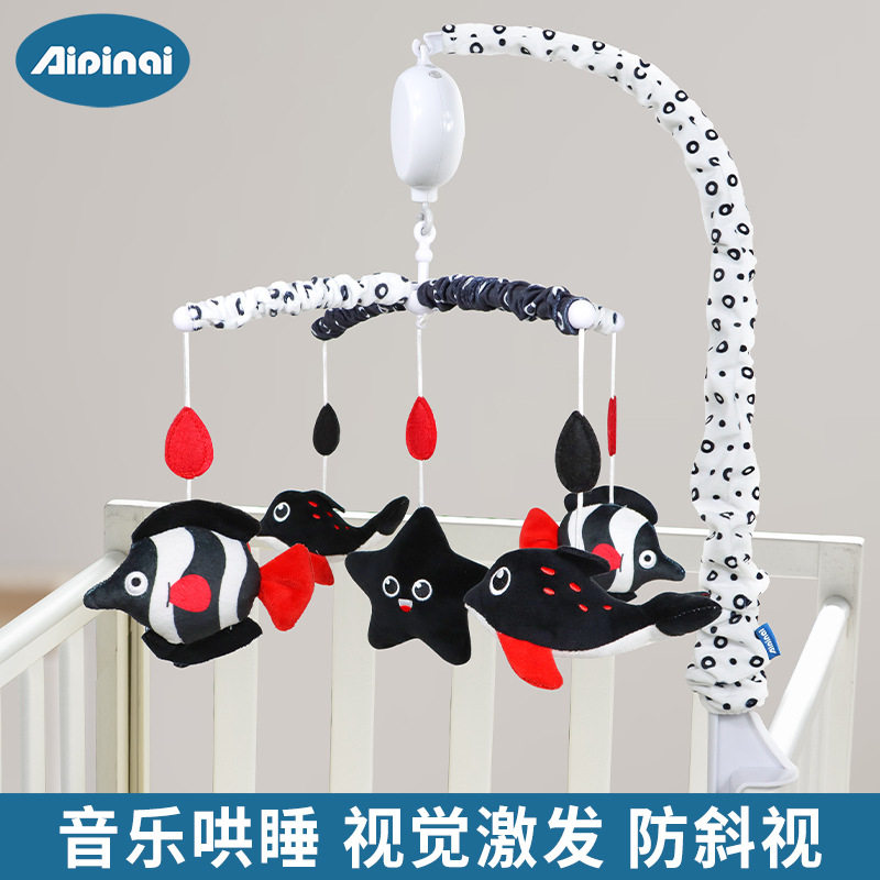 儿童新款旋转音乐床铃婴儿防斜视床挂玩具黑红宝宝毛绒床头铃
