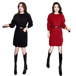 中长款毛衣连衣裙女装秋冬季2025新款小个子红色内搭长袖针织裙子