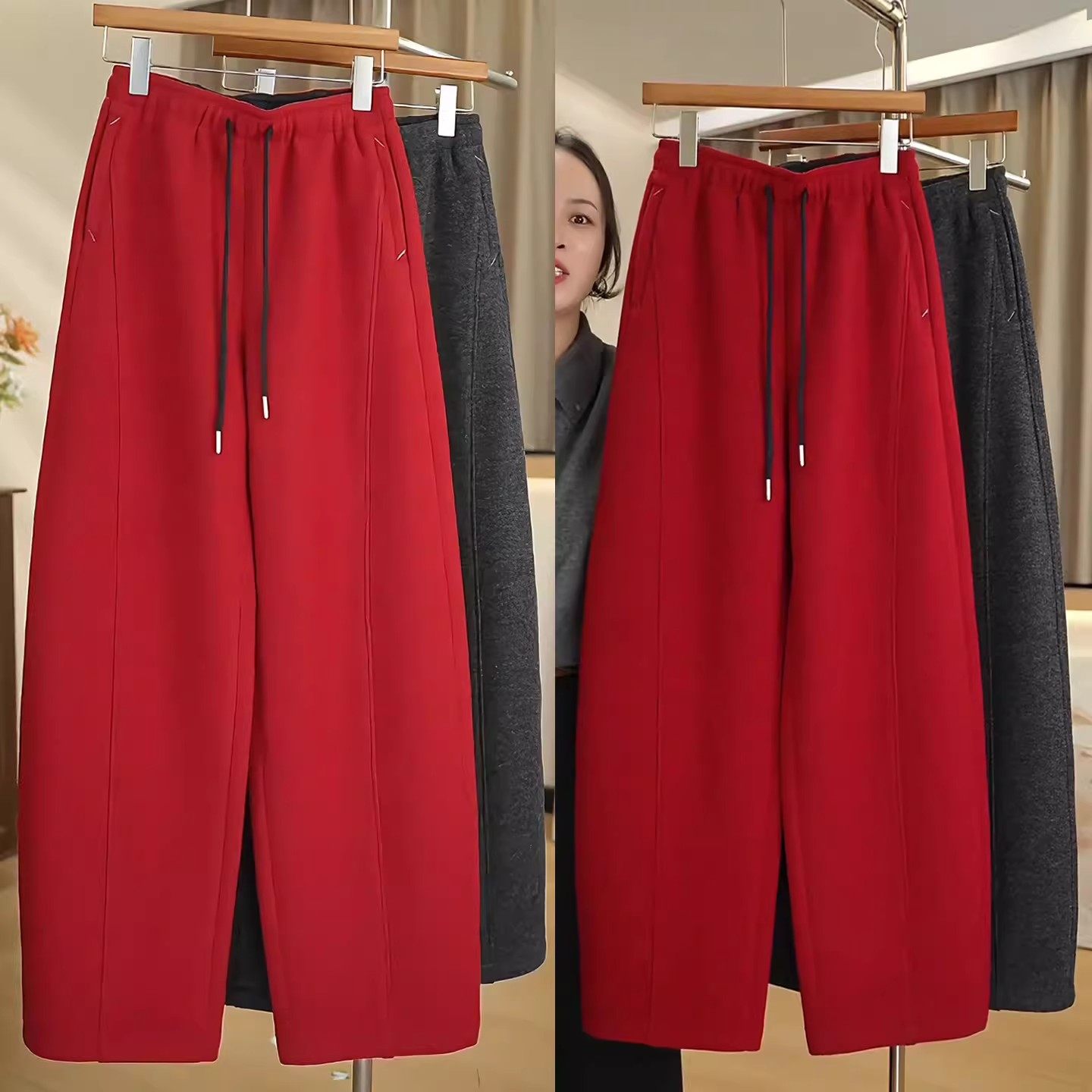 红色裤子弯刀裤女冬季加绒加厚2025新款羊毛呢高腰宽松阔腿休闲裤,女装/女士精品,休闲裤,淘宝优惠券,粉丝福利购,淘宝优惠卷