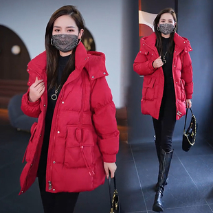 红色羽绒棉服女款2025冬季新款中长款高级感爆款时尚连帽保暖外套