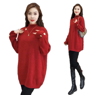红色毛衣女款2026今年流行新款秋冬季中长款爆款时尚半高领慵懒风