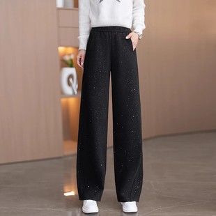 毛呢阔腿裤女加绒加厚2025秋冬新款松紧腰宽松显瘦闪闪运动弯刀裤