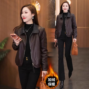 加绒短款皮衣外套女秋冬2025新款小个子时尚气质保暖翻领夹克上衣