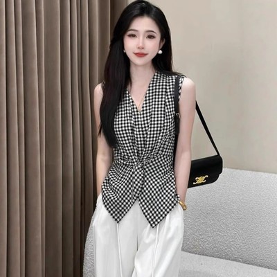 复古黑白格子无袖衬衫女夏季