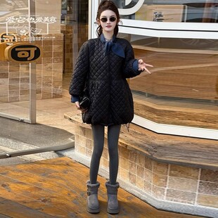 黑色菱格棉服女中长款2025新款今年流行爆款超火冬装夹棉保暖外套