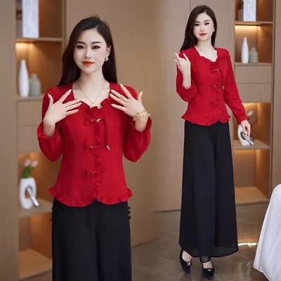 早秋新中式长袖衬衫上衣女士