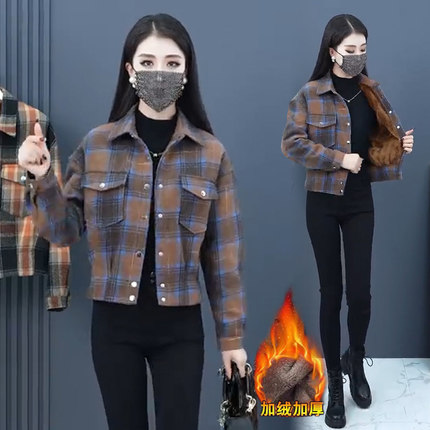 短款外套女加绒加厚2025今年流行新款秋冬季小个子爆款格子夹克衫