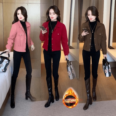 加绒加厚短款外套女士秋冬季