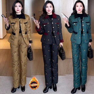 小香风时尚套装女冬季2025新款加绒加厚棉衣外套直筒裤保暖两件套