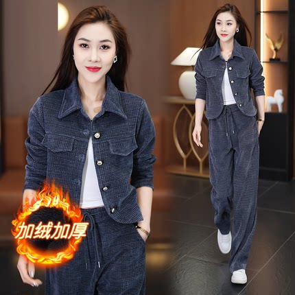 休闲运动服套装女士秋冬季2025新款小个子加绒加厚高端时尚两件套