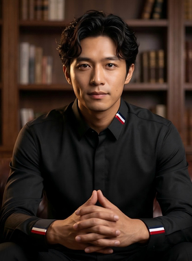 男士精选高质量优选春秋季长袖翻领休闲透气简约刺绣纯色衬衫