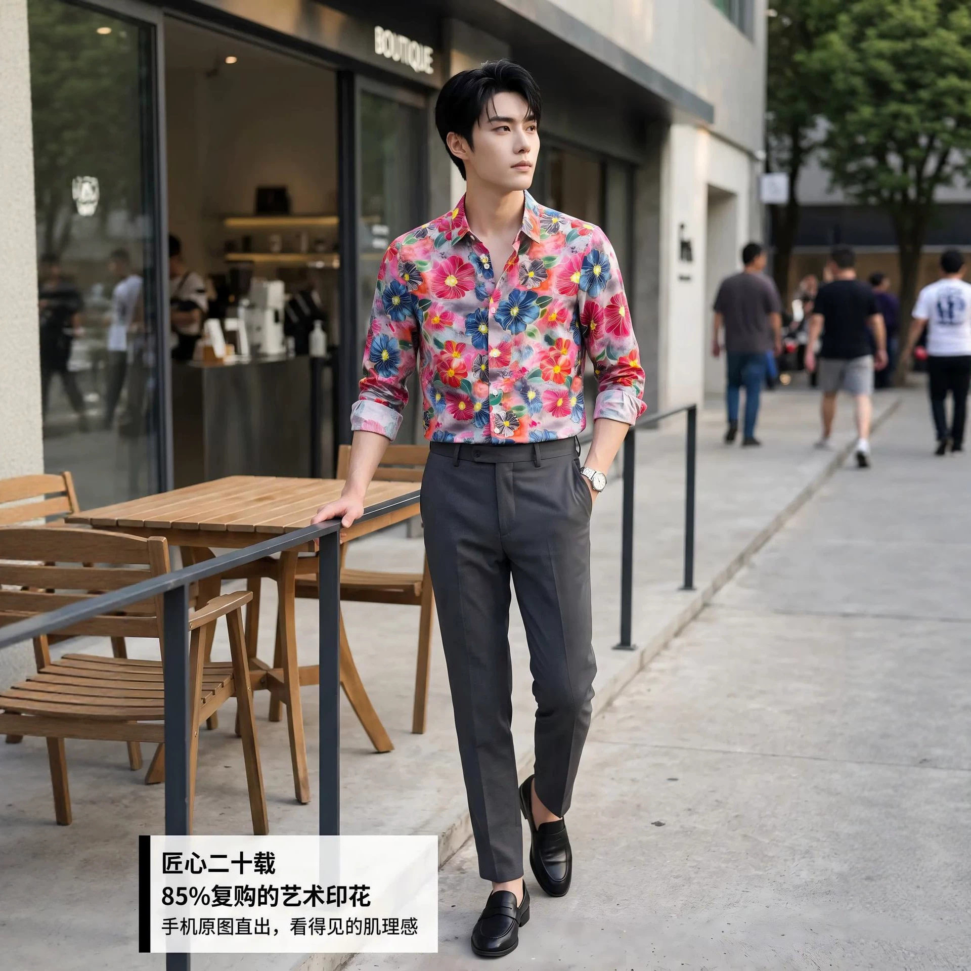男装衬衣轻奢高级感男士衬衫数码印花长袖打底衫休闲时尚男式衬衣