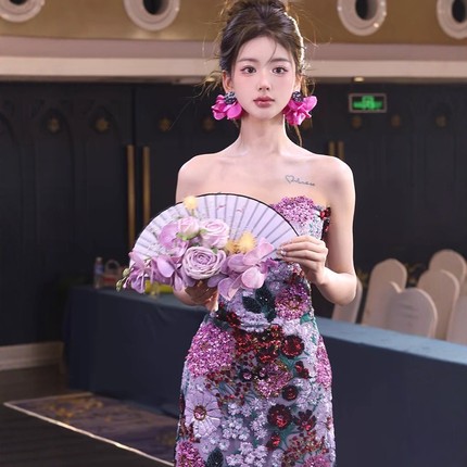 晨袍女新娘新款2024结婚敬酒服生日一字肩成人礼服婚纱孕妇小个子